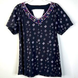 Nine Eight Keyhole Back Embroidery Boho Tee Shirt Size XL